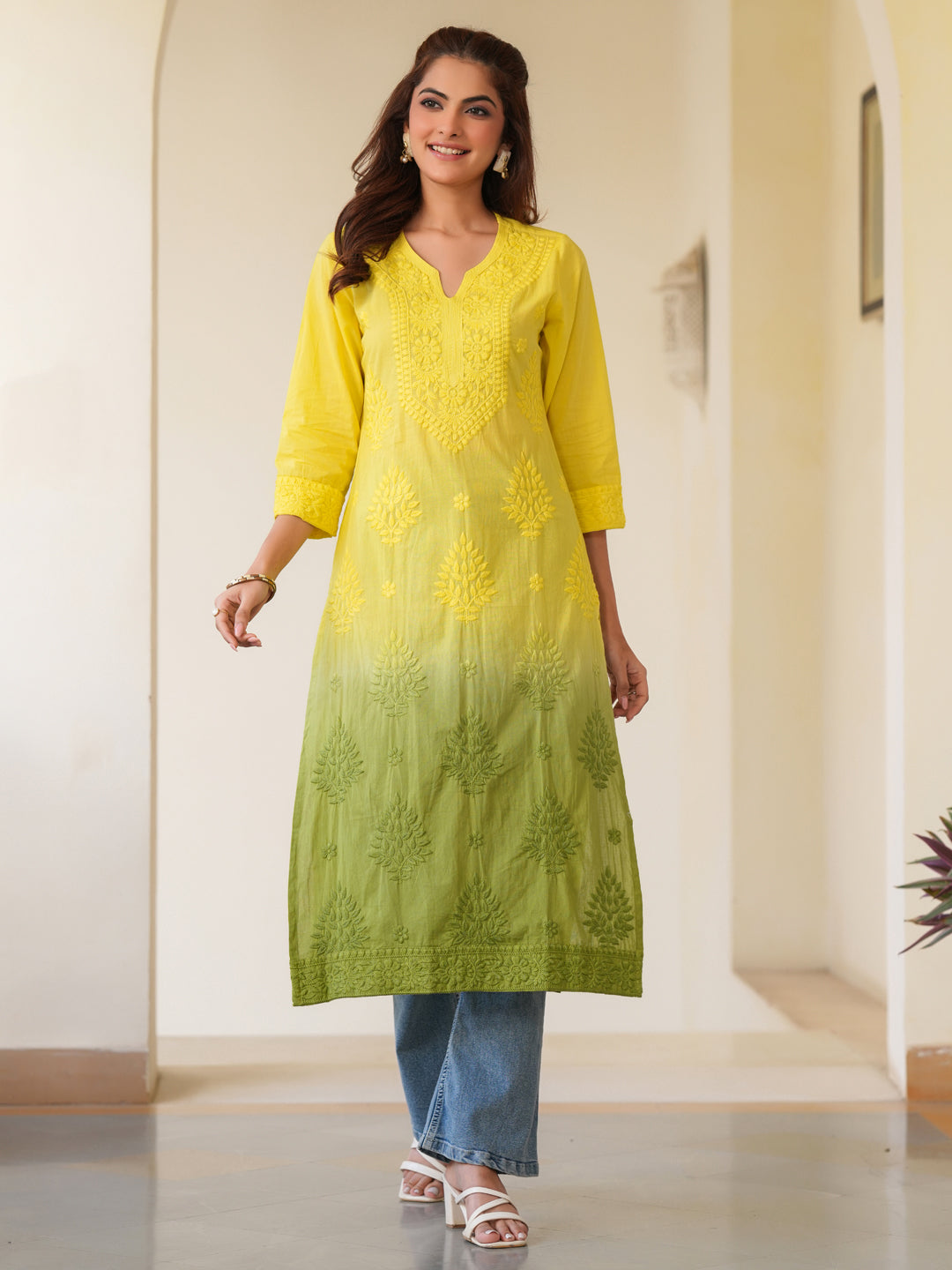 Janasya Bright Cotton Ombre Straight Kurta 