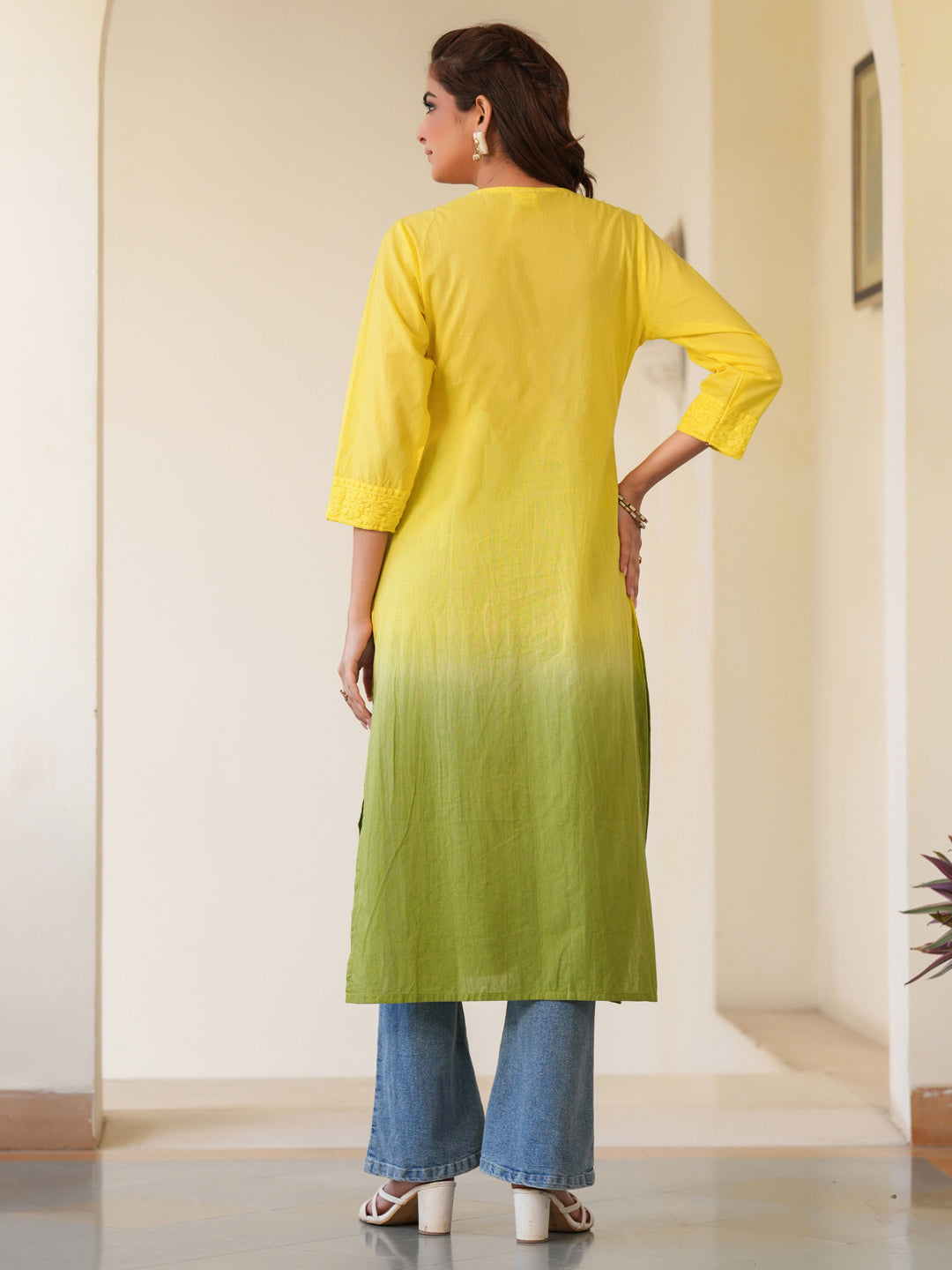 Janasya Bright Cotton Ombre Straight Kurta 