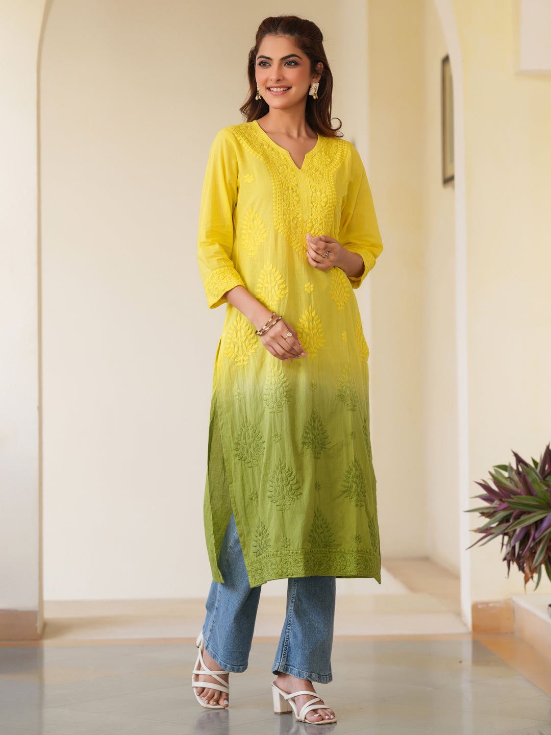 Janasya Bright Cotton Ombre Straight Kurta 