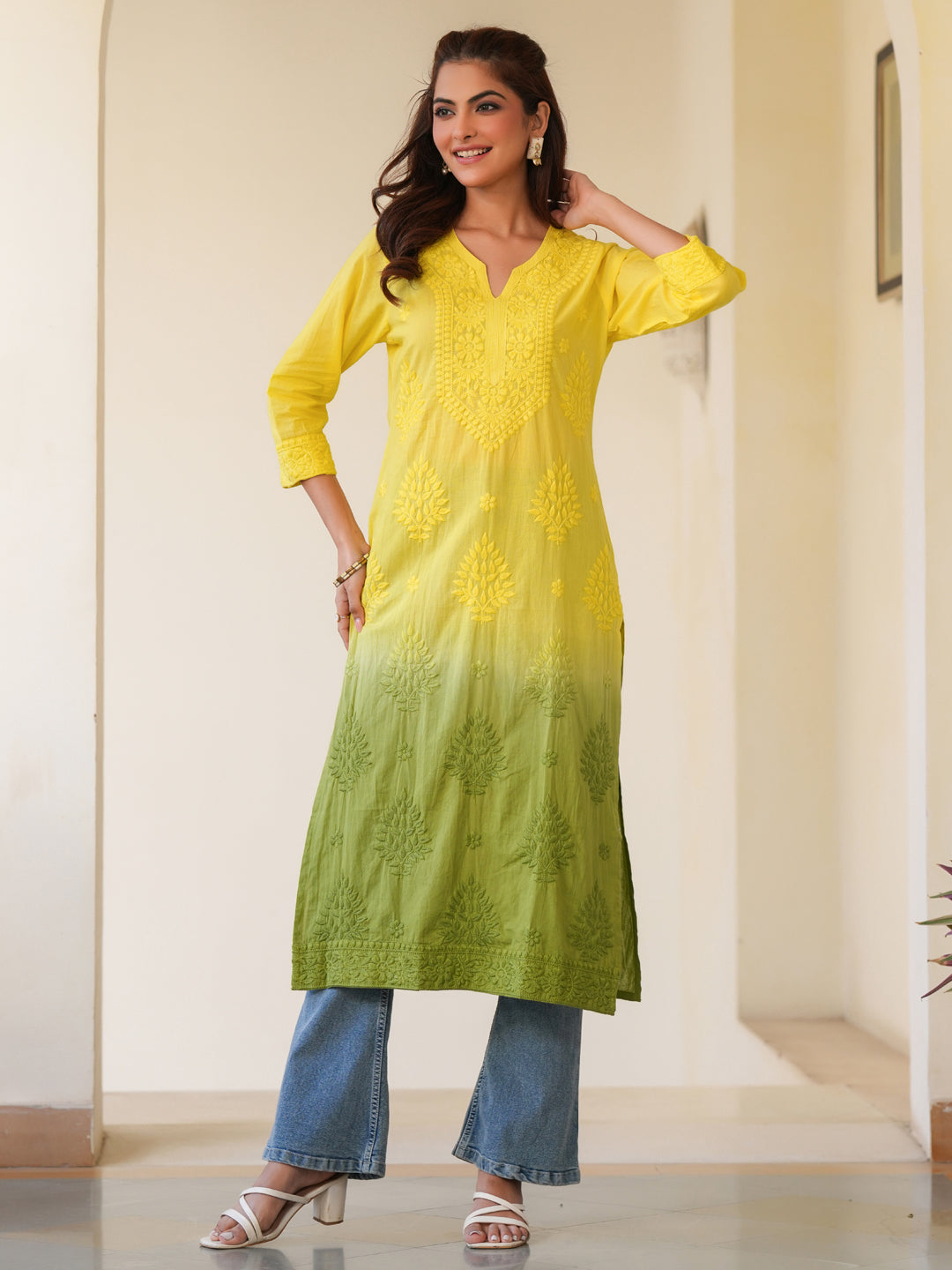 Janasya Bright Cotton Ombre Straight Kurta 