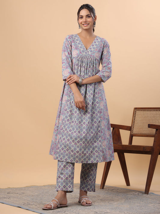 Janasya Light Blue Cambric Floral Set