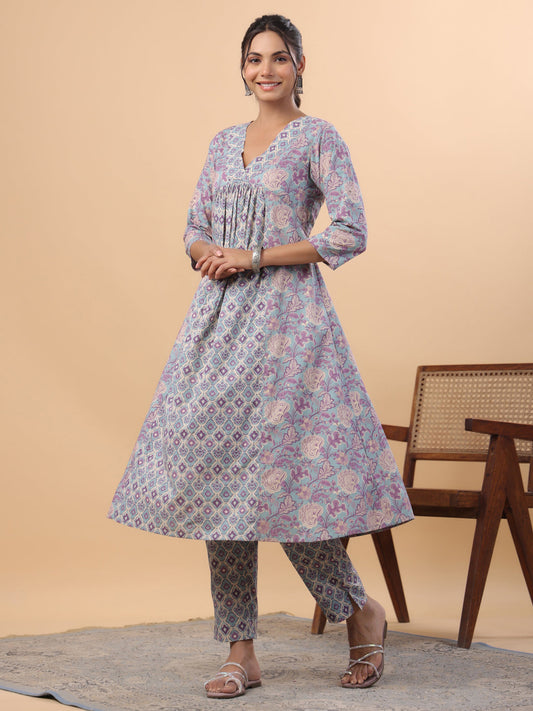 Janasya Light Blue Cambric Floral Set