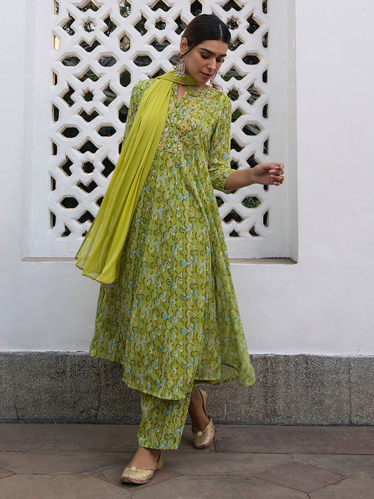 Janasya Anarkali Weightless Georgette Lime Green Yoke Embroidery Notch Neck Set 