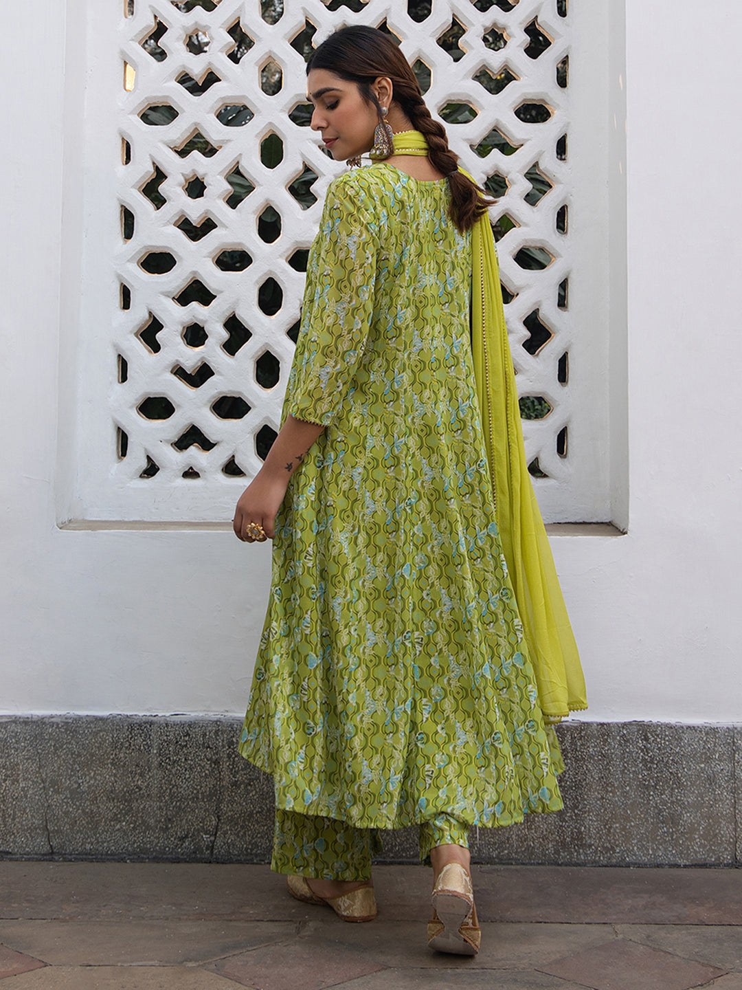 Janasya Anarkali Weightless Georgette Lime Green Yoke Embroidery Notch Neck Set 