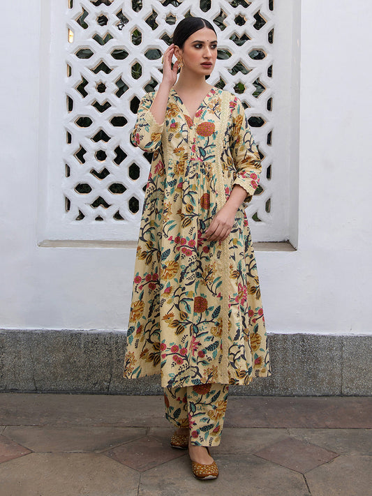 Janasya Gathered Cambric Beige Floral V-Neck Kurta & Bottom 