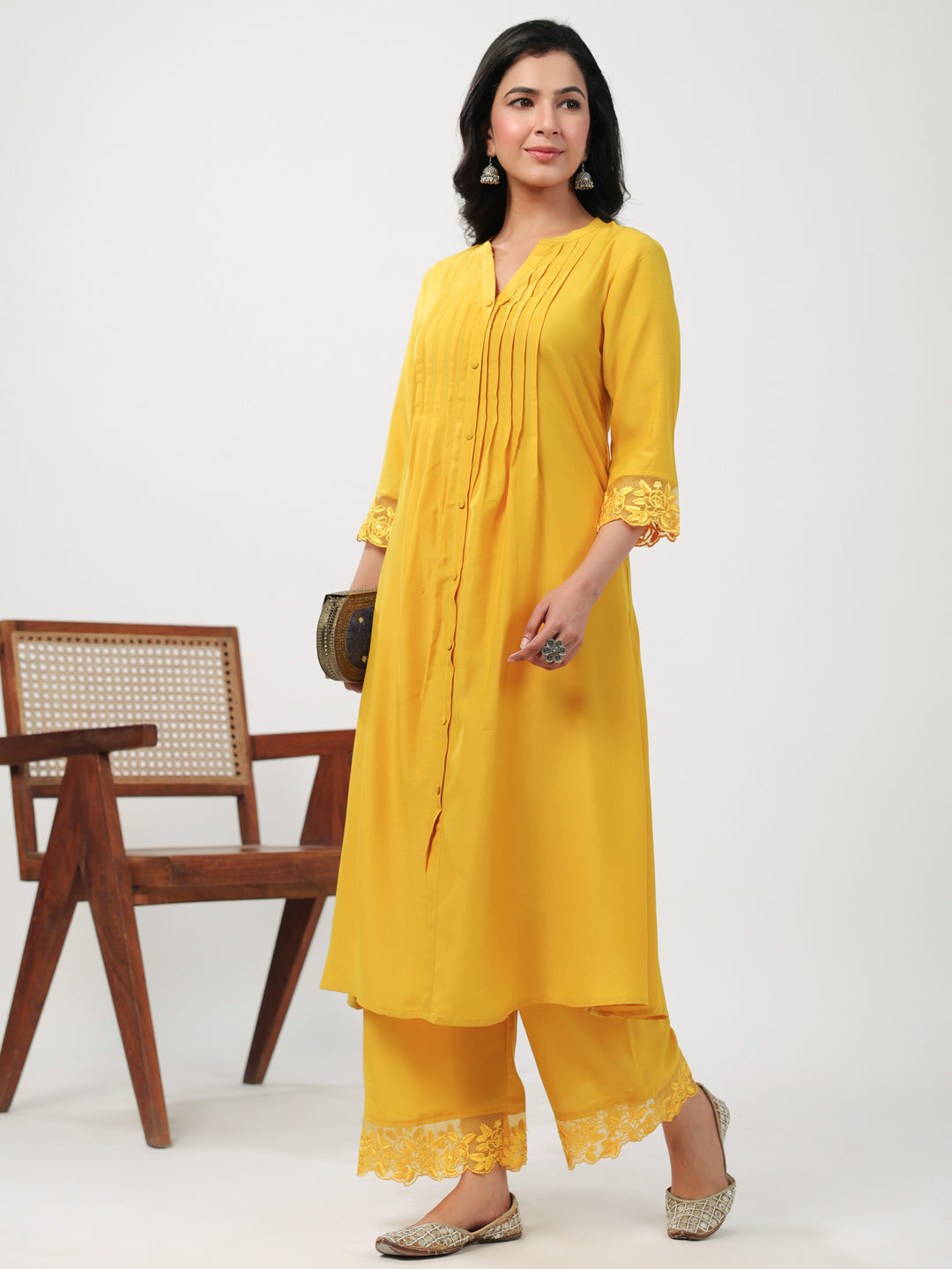 Janasya A-Line Muslin Yellow Embroidered V-Neck with Band Collar Kurta & Bottom 