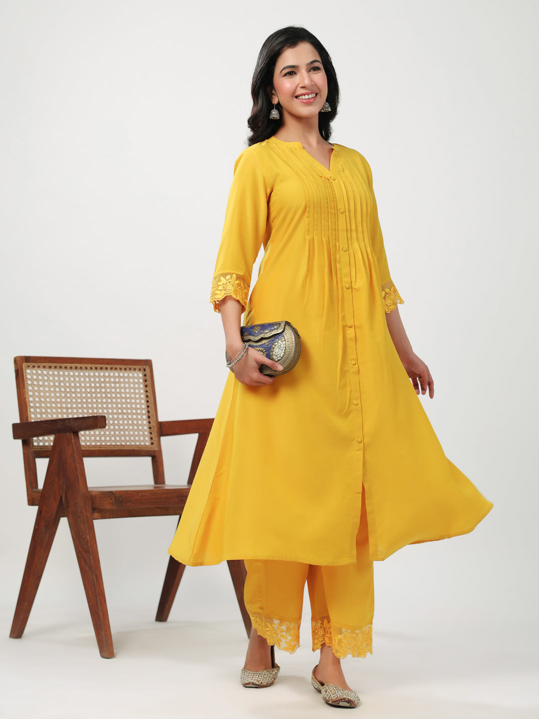 Janasya A-Line Muslin Yellow Embroidered V-Neck with Band Collar Kurta & Bottom 