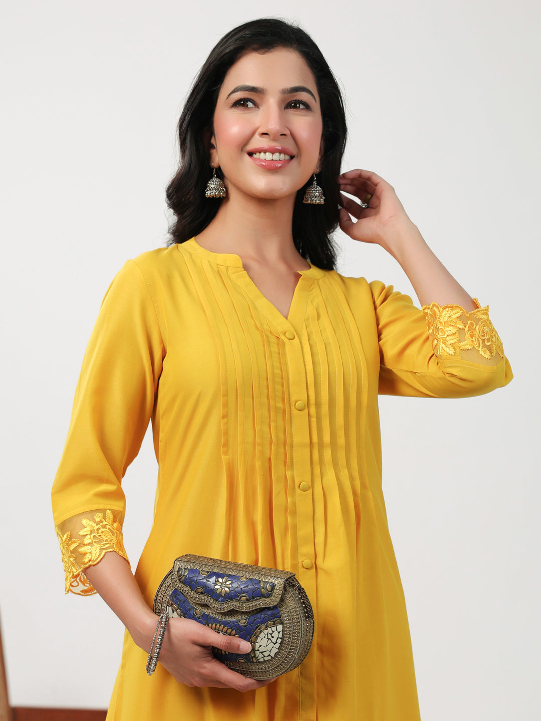 Janasya A-Line Muslin Yellow Embroidered V-Neck with Band Collar Kurta & Bottom 