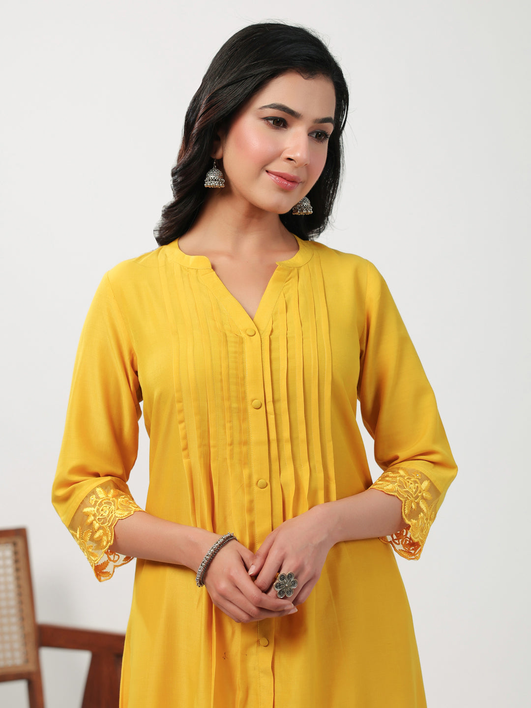 Janasya A-Line Muslin Yellow Embroidered V-Neck with Band Collar Kurta & Bottom 