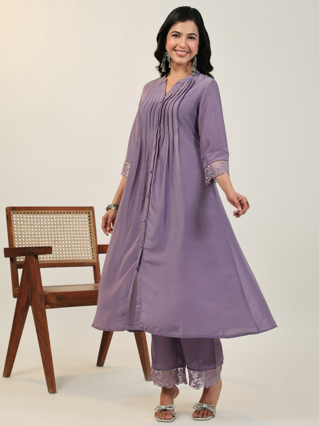 Janasya Dark Muslin Embroidered A-Line Kurta Set 
