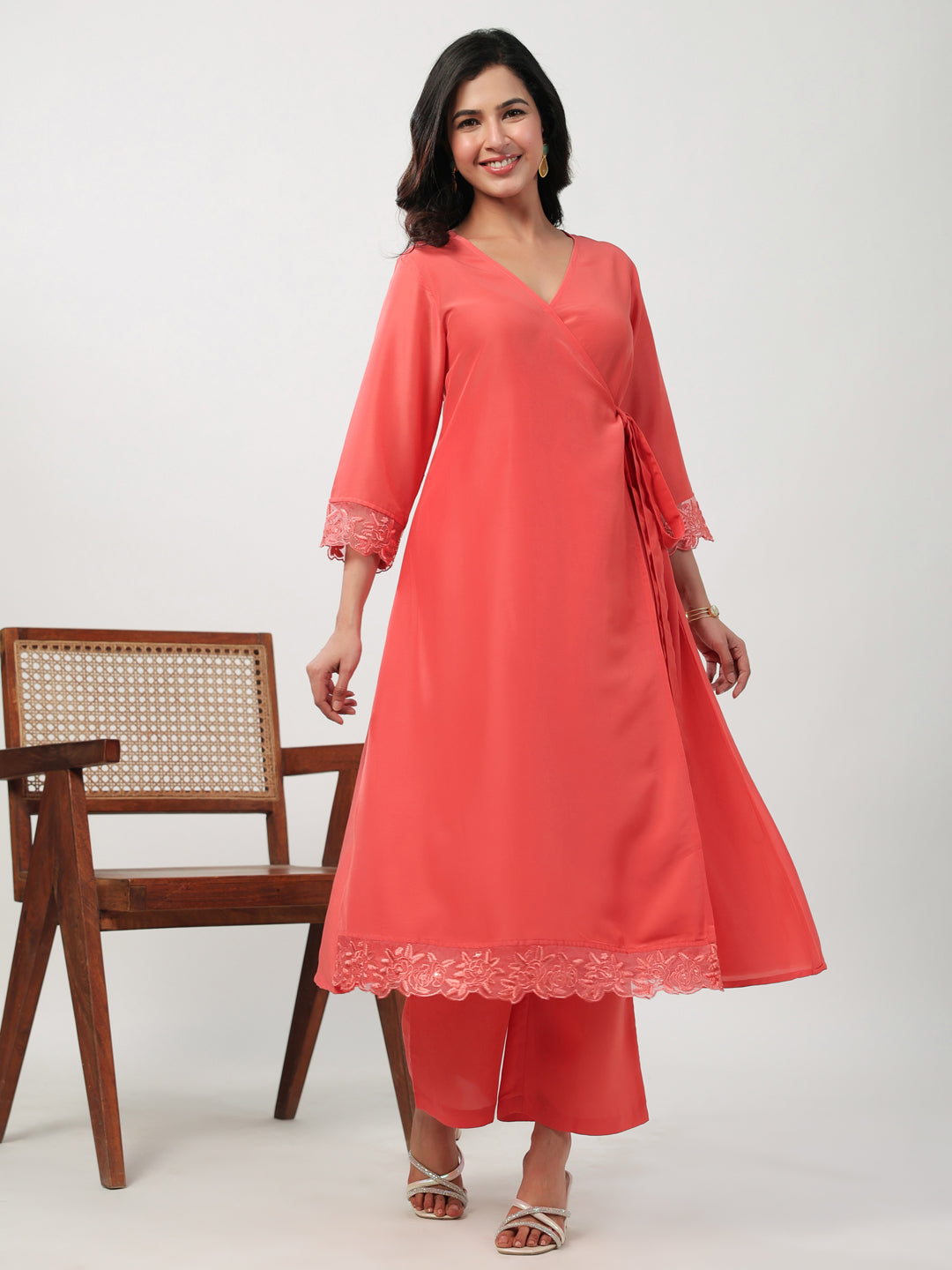 Janasya Angrakha Muslin Peach Solid V-Neck Kurta & Bottom 
