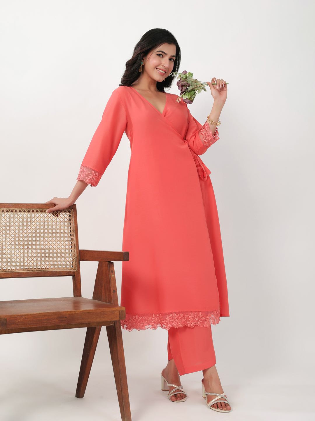 Janasya Angrakha Muslin Peach Solid V-Neck Kurta & Bottom 