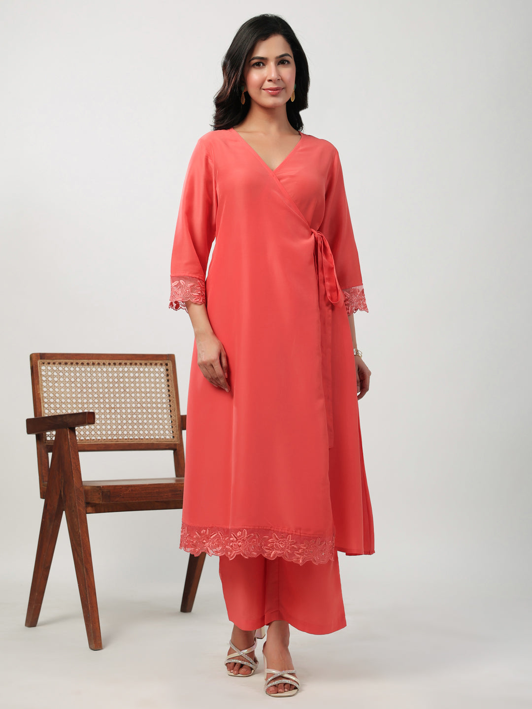 Janasya Angrakha Muslin Peach Solid V-Neck Kurta & Bottom 