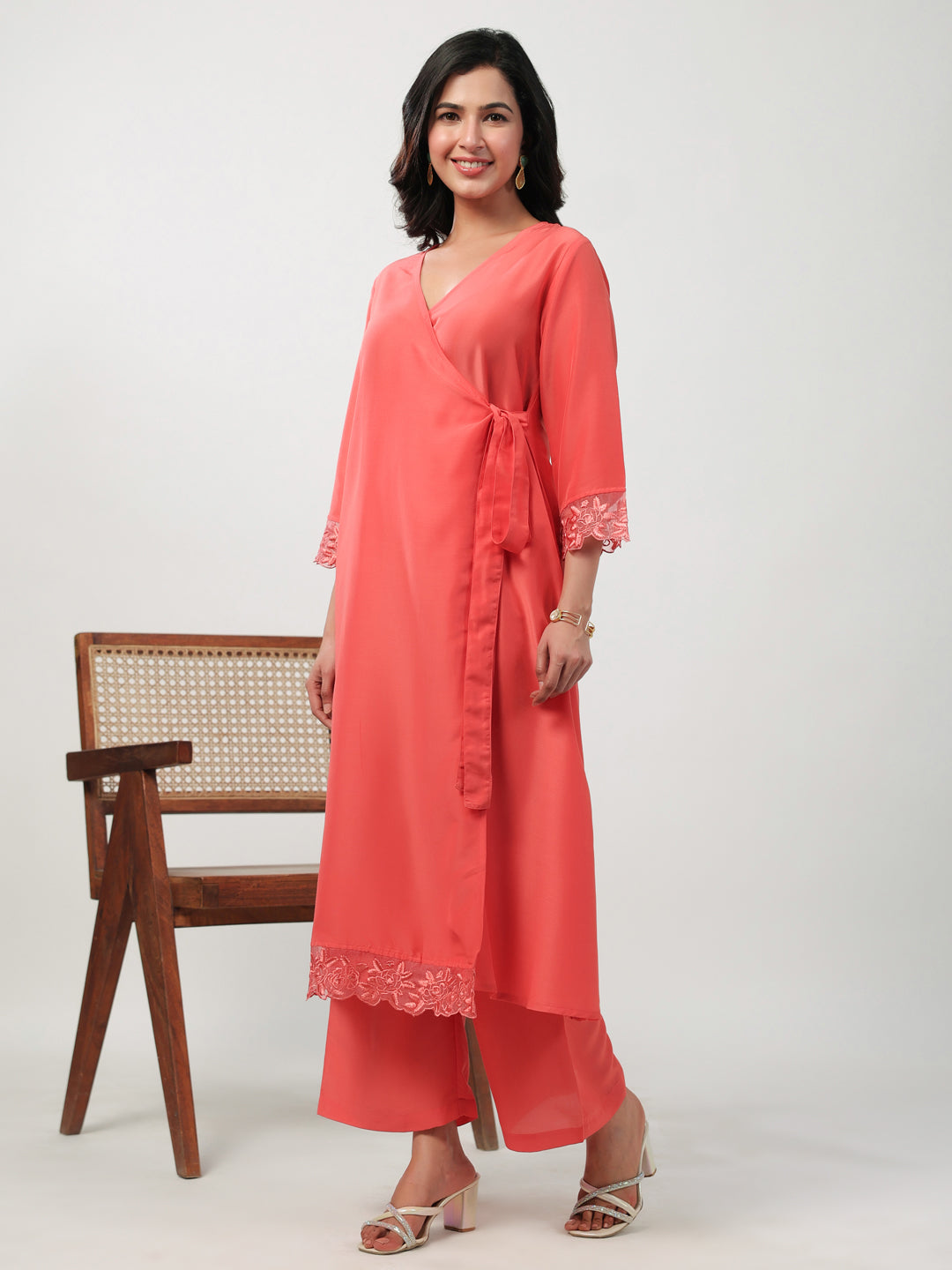 Janasya Angrakha Muslin Peach Solid V-Neck Kurta & Bottom 