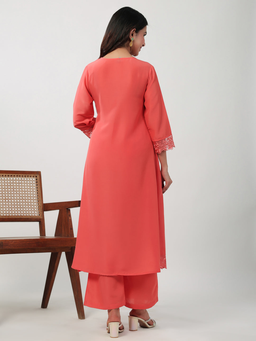 Janasya Angrakha Muslin Peach Solid V-Neck Kurta & Bottom 