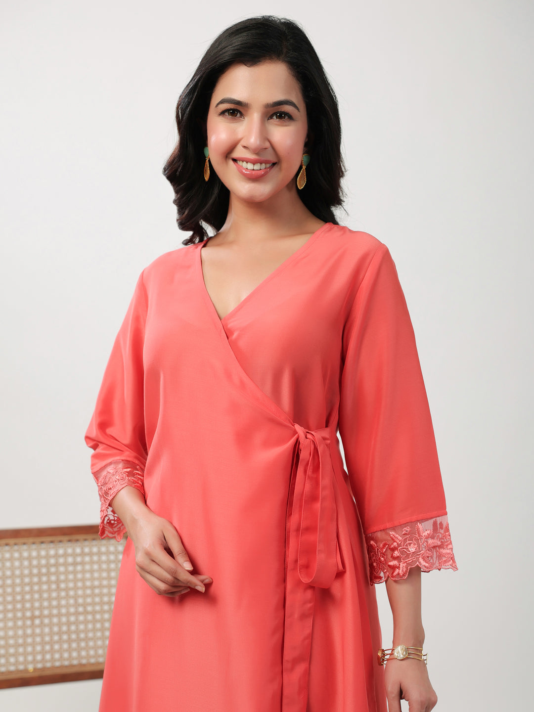 Janasya Angrakha Muslin Peach Solid V-Neck Kurta & Bottom 