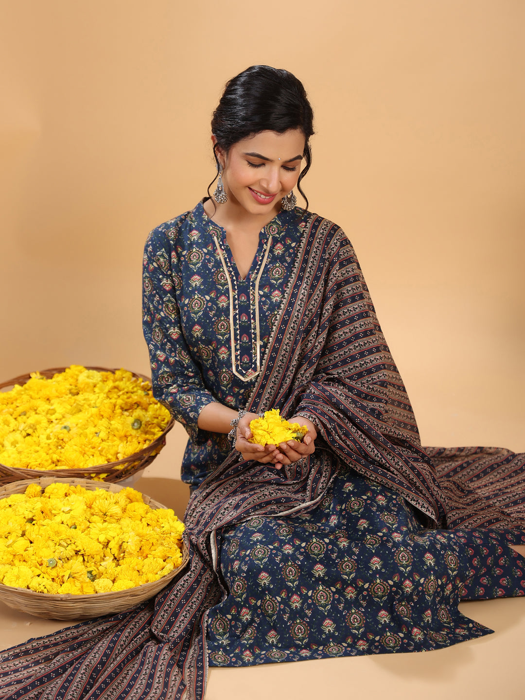 Janasya Straight Cambric Dark Blue Ethnic Motifs Band Collar Kurta,Bottom & Dupatta 