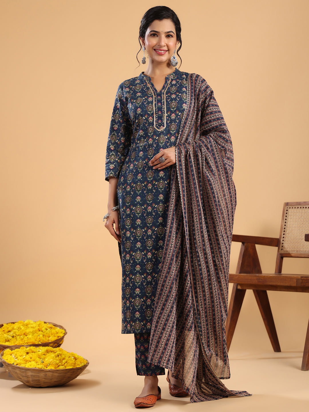 Janasya Straight Cambric Dark Blue Ethnic Motifs Band Collar Kurta,Bottom & Dupatta 