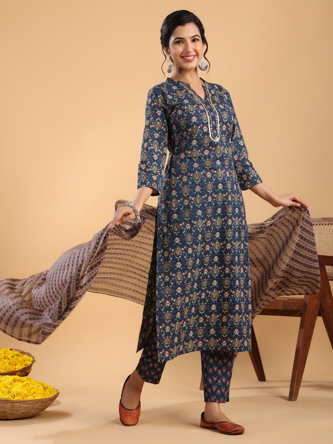 Janasya Straight Cambric Dark Blue Ethnic Motifs Band Collar Kurta,Bottom & Dupatta 