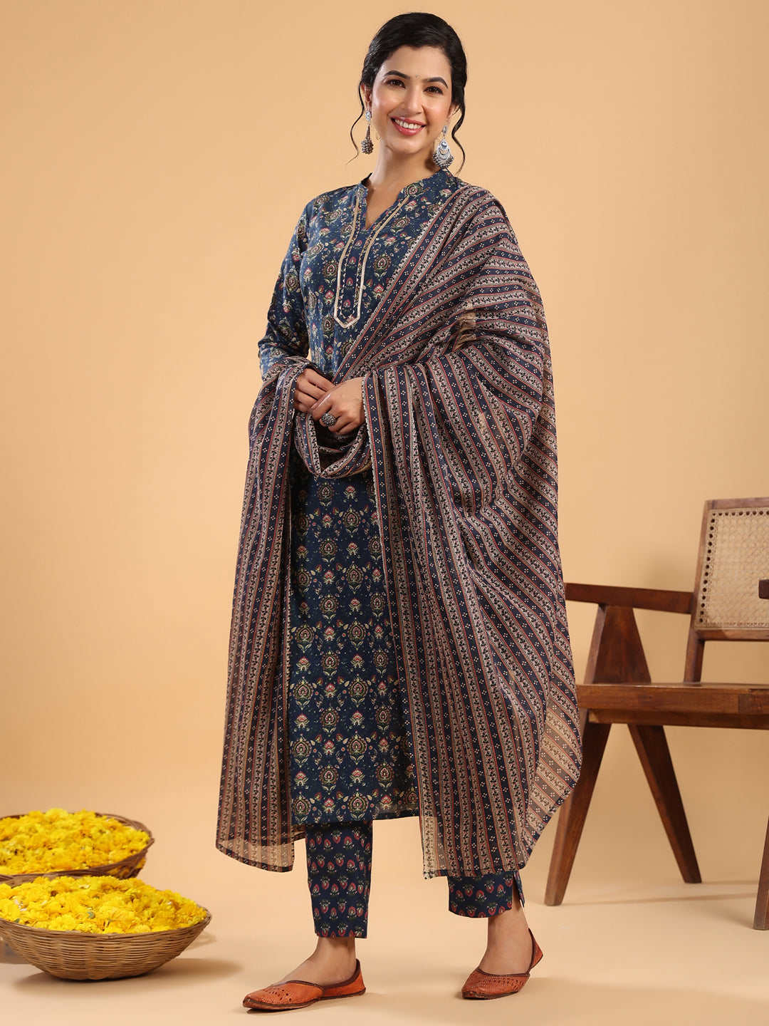 Janasya Straight Cambric Dark Blue Ethnic Motifs Band Collar Kurta,Bottom & Dupatta 