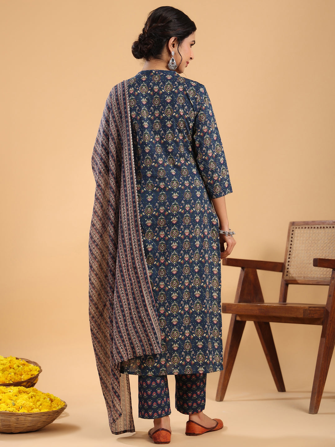Janasya Straight Cambric Dark Blue Ethnic Motifs Band Collar Kurta,Bottom & Dupatta 