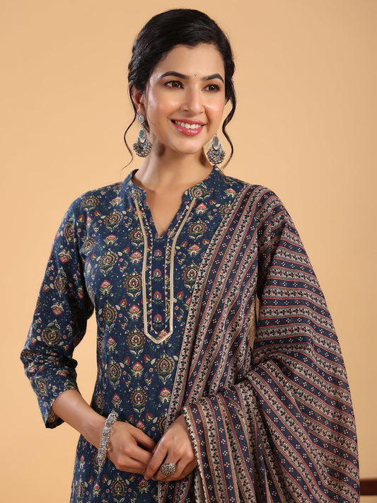 Janasya Dark Cotton Ethnic Motifs Straight Kurta Set 