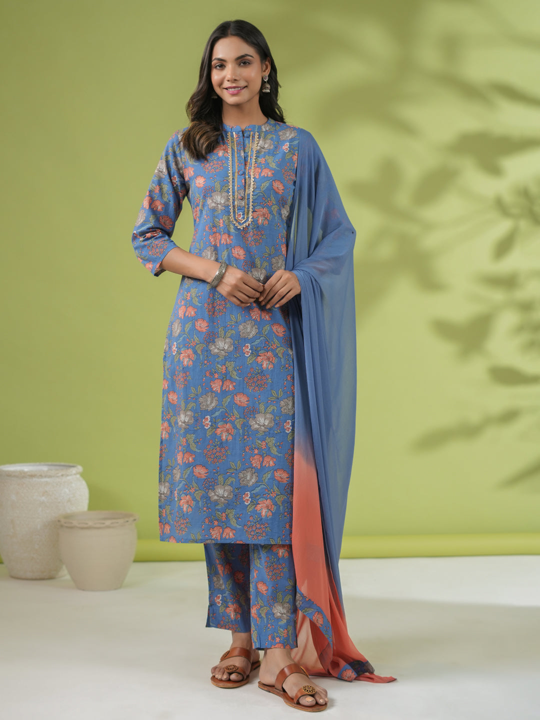 Janasya Straight Cambric Blue Floral Band Collar Kurta Set 