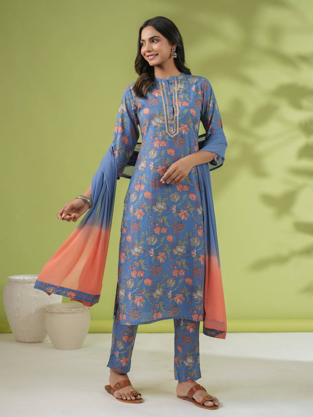Janasya Straight Cambric Blue Floral Band Collar Kurta Set 