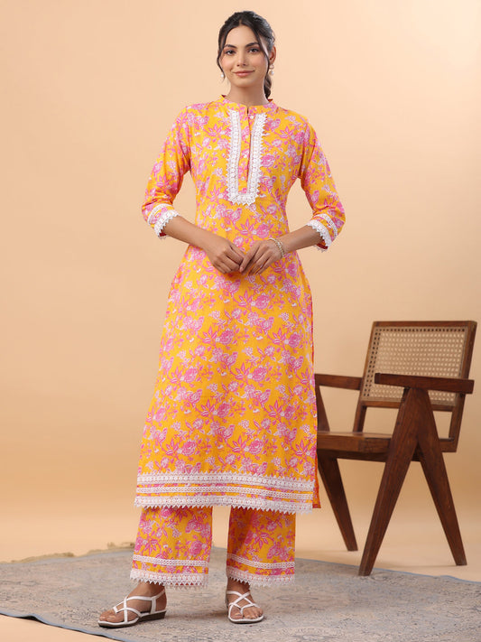 Janasya Straight Cambric Orange Floral Band Collar Kurta & Bottom 
