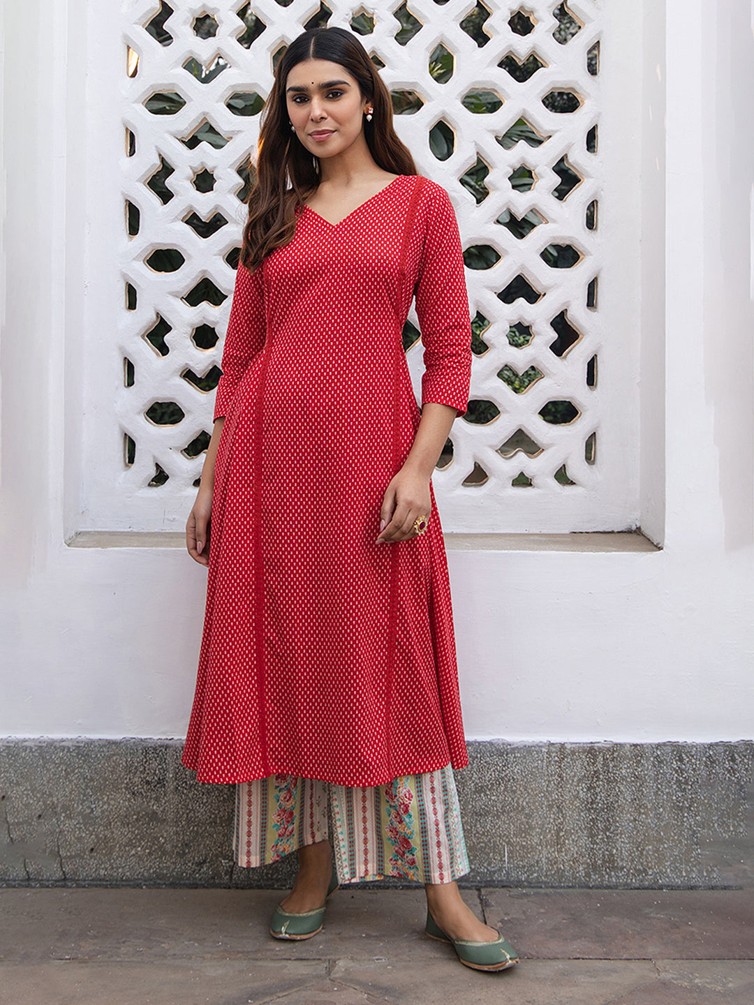 Janasya Dark Cotton Ethnic Motifs A-Line Kurta Set 
