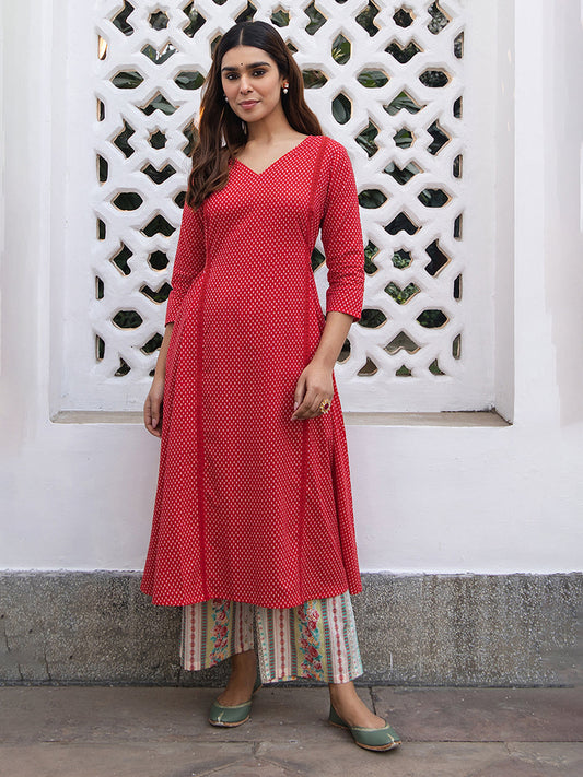 Janasya Dark Cotton Ethnic Motifs A-Line Kurta Set 