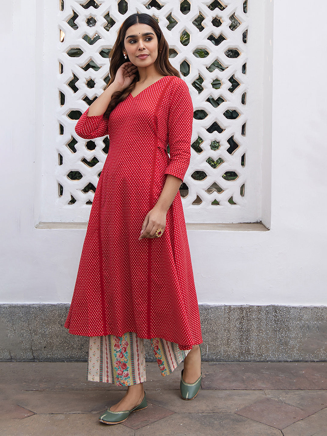 Janasya Dark Cotton Ethnic Motifs A-Line Kurta Set 