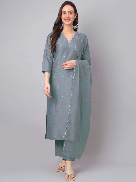 Janasya Regular Chinnon Ice Blue Embroidered V-Neck Kurta,Bottom & Dupatta 