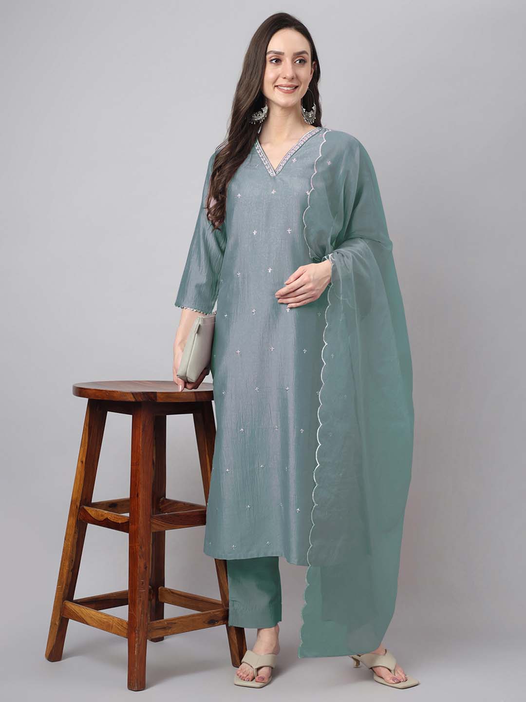 Janasya Regular Chinnon Ice Blue Embroidered V-Neck Kurta,Bottom & Dupatta 