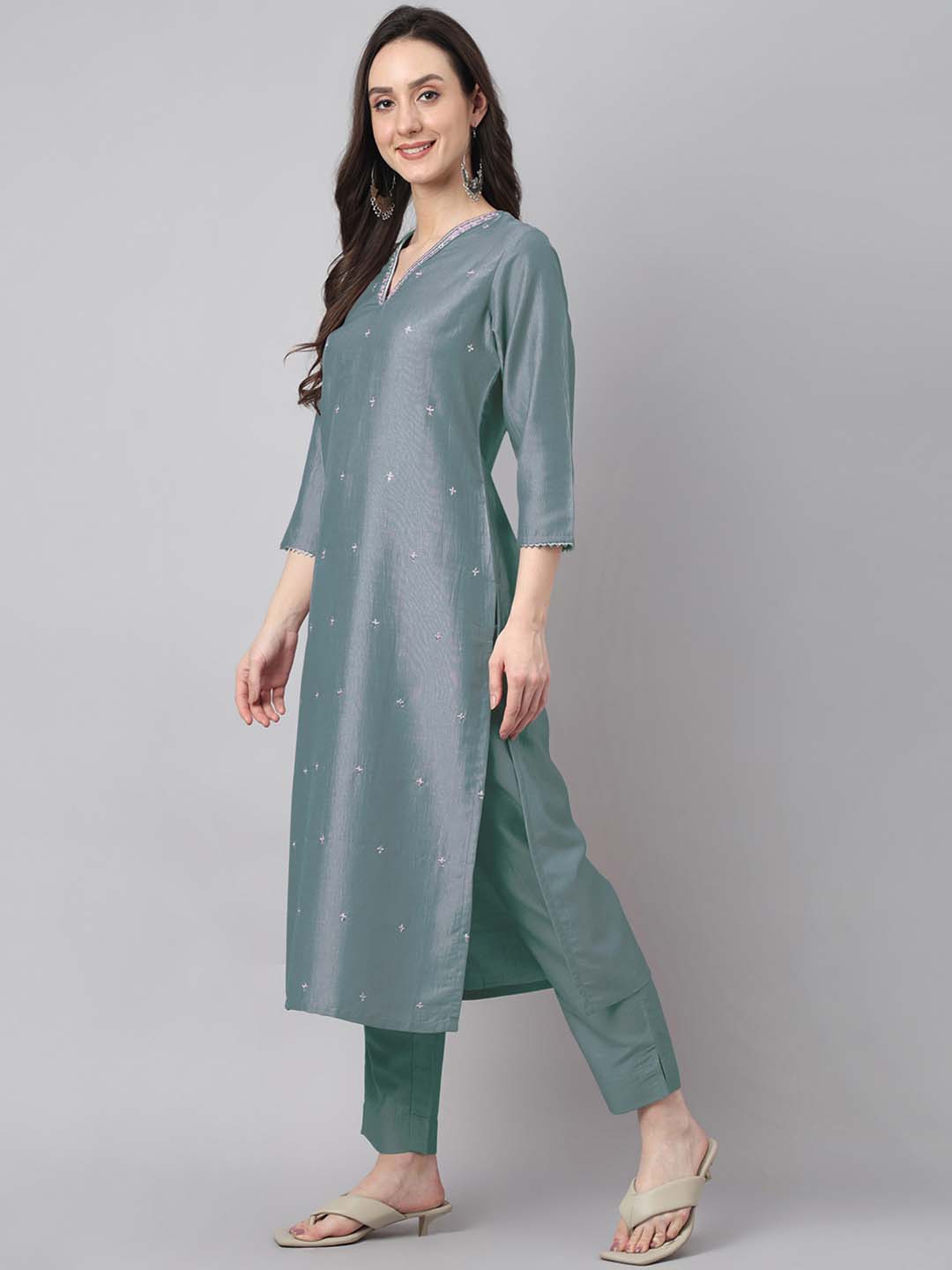 Janasya Regular Chinnon Ice Blue Embroidered V-Neck Kurta,Bottom & Dupatta 