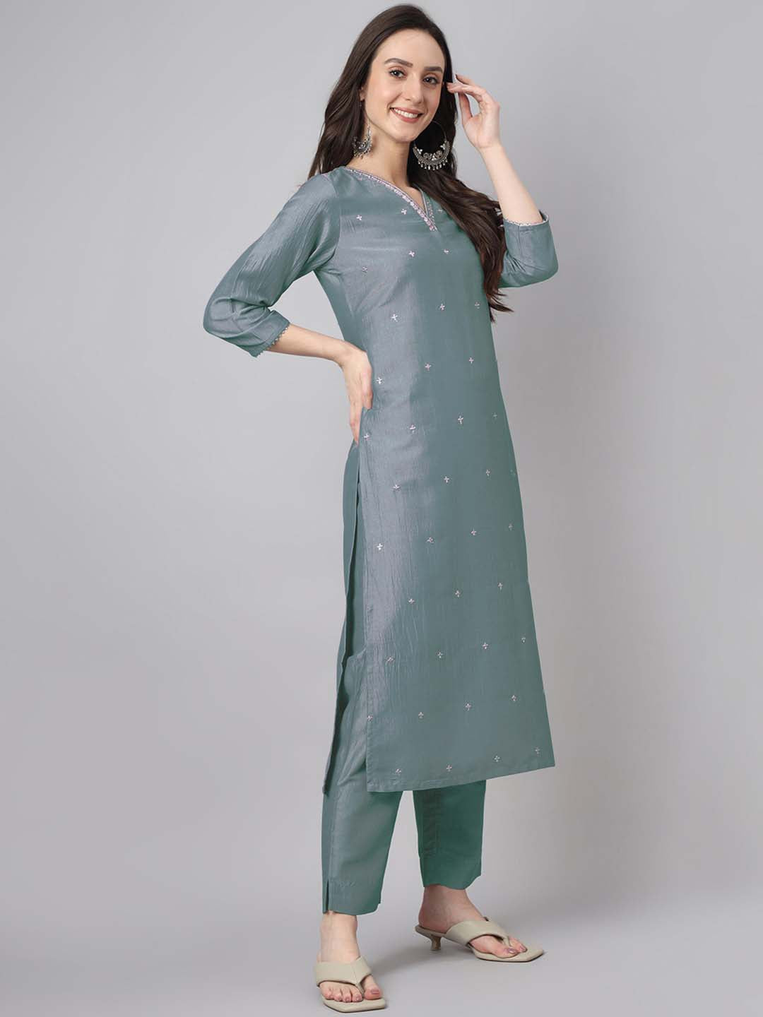 Janasya Regular Chinnon Ice Blue Embroidered V-Neck Kurta,Bottom & Dupatta 