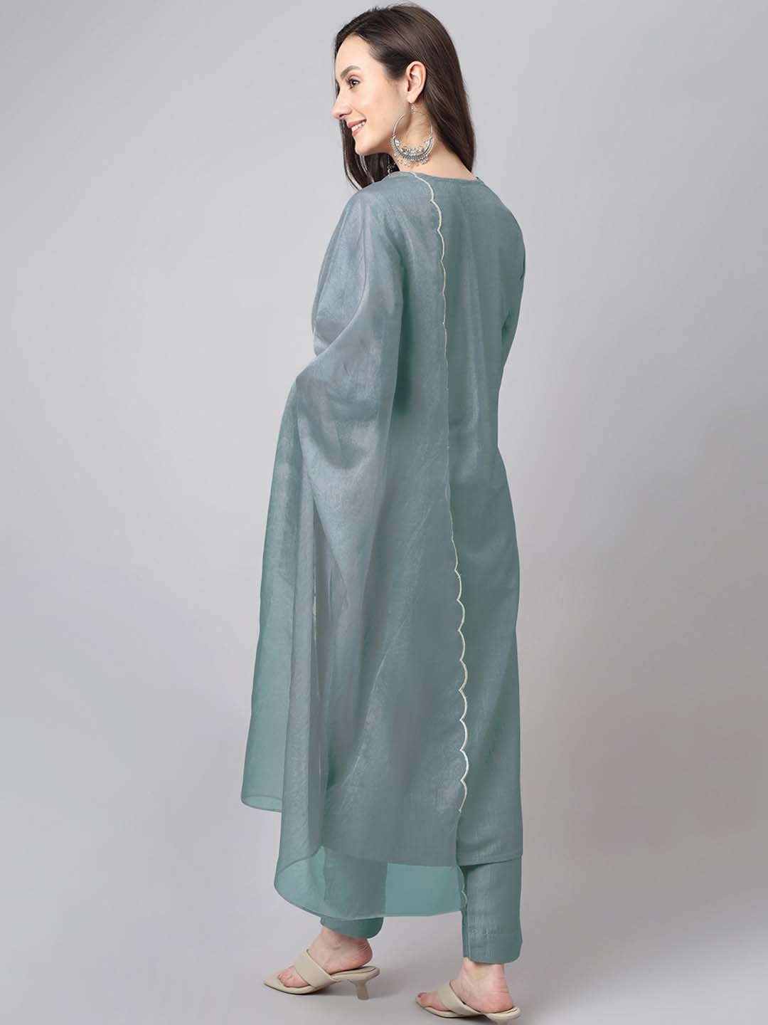 Janasya Regular Chinnon Ice Blue Embroidered V-Neck Kurta,Bottom & Dupatta 