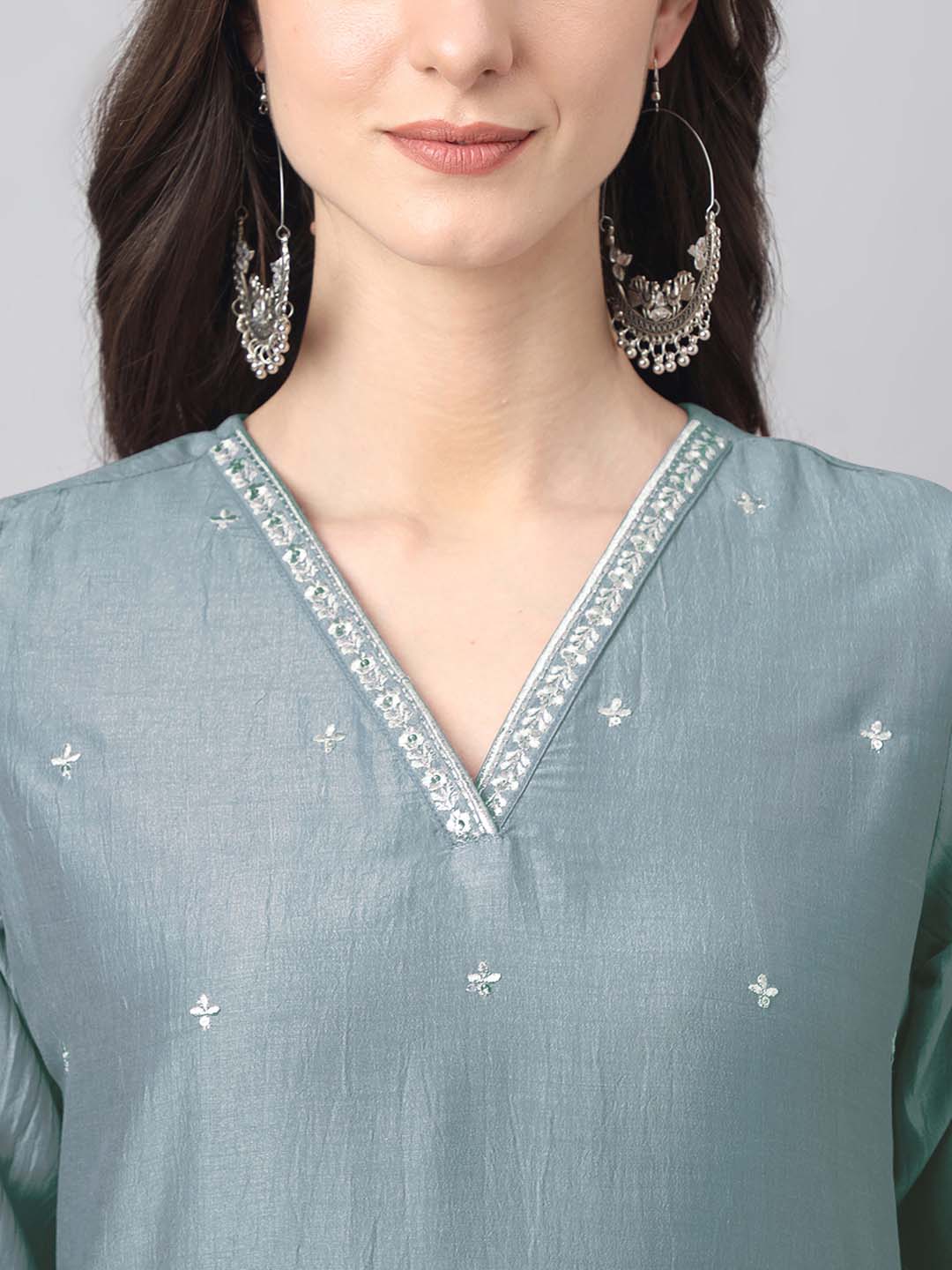 Janasya Regular Chinnon Ice Blue Embroidered V-Neck Kurta,Bottom & Dupatta 