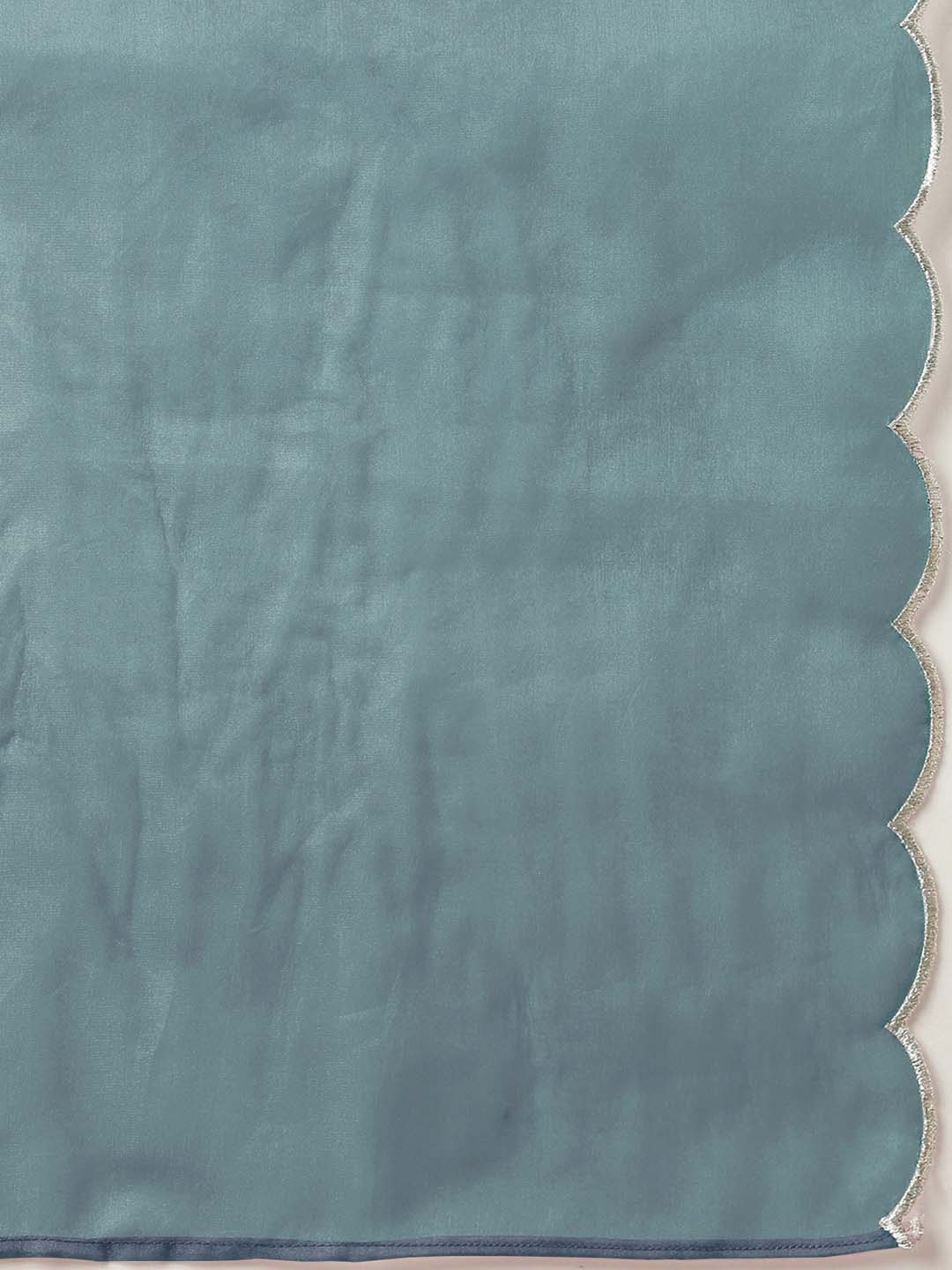 Janasya Regular Chinnon Ice Blue Embroidered V-Neck Kurta,Bottom & Dupatta 