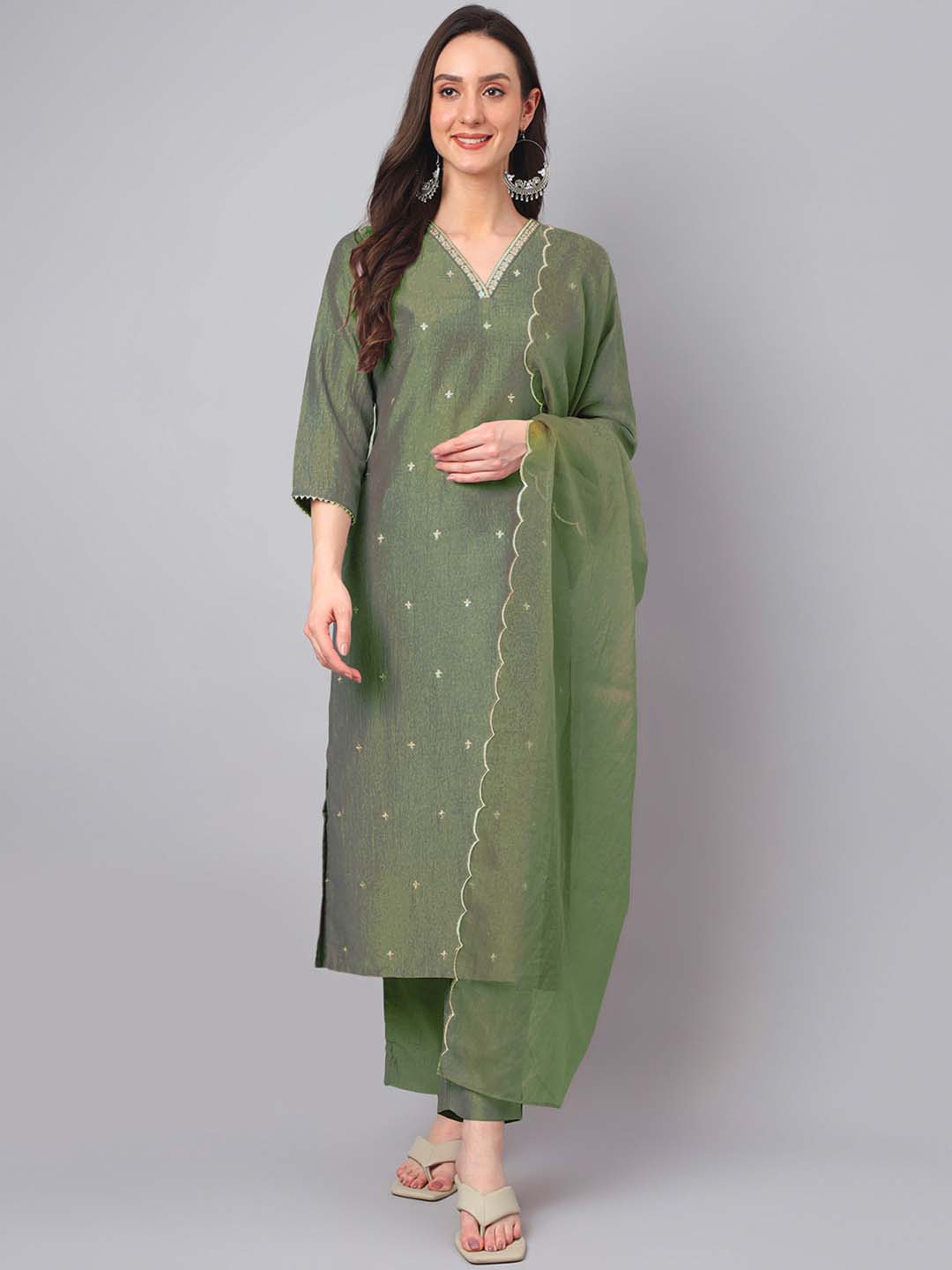 Janasya Regular Chinnon Green Ethnic Motifs V-Neck Kurta,Bottom & Dupatta 
