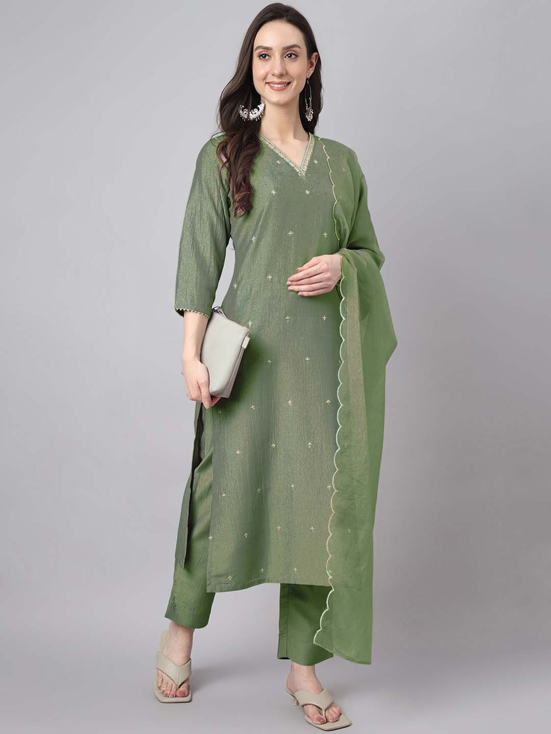 Janasya Regular Chinnon Green Ethnic Motifs V-Neck Kurta,Bottom & Dupatta 