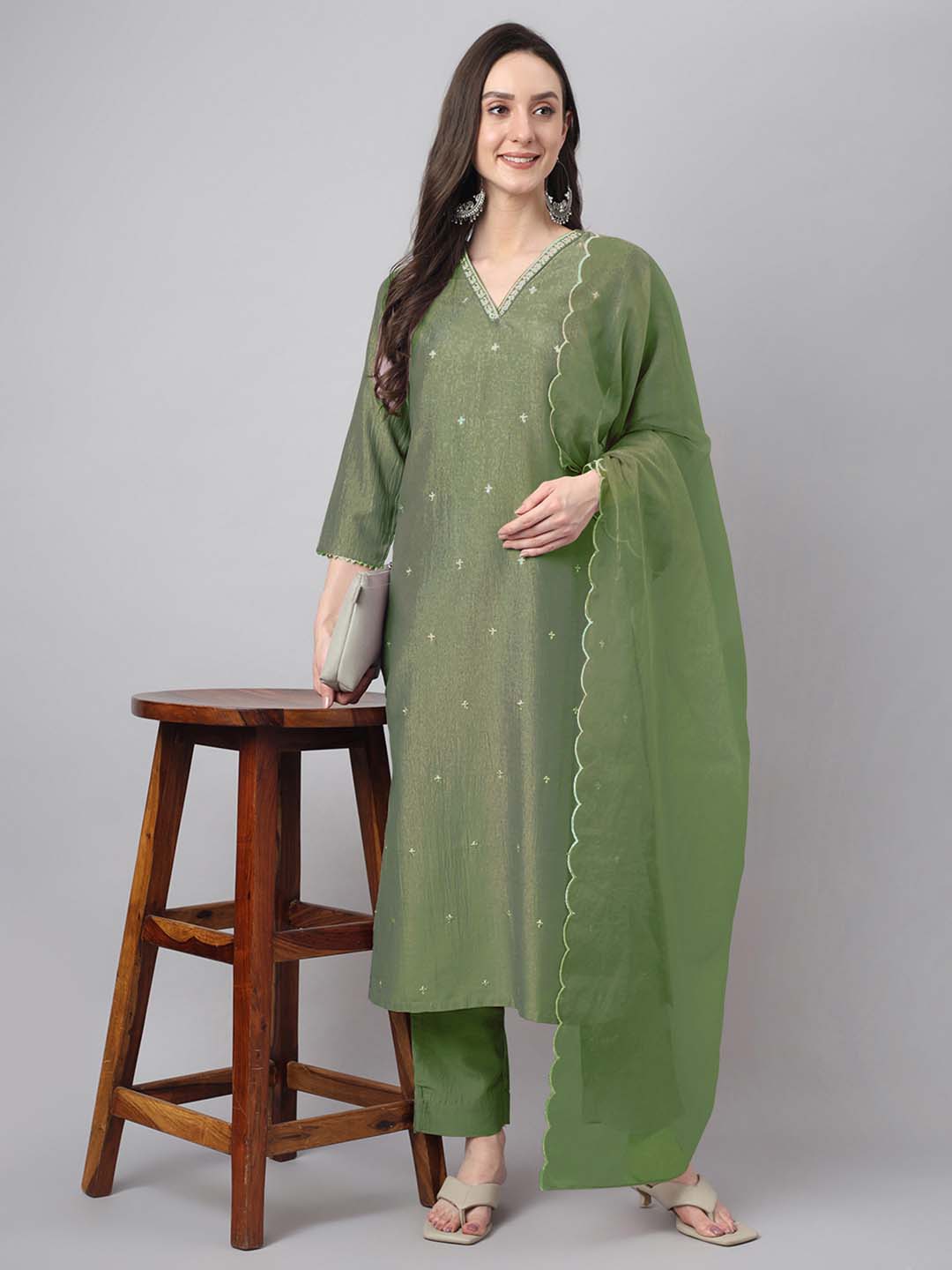 Janasya Regular Chinnon Green Ethnic Motifs V-Neck Kurta,Bottom & Dupatta 