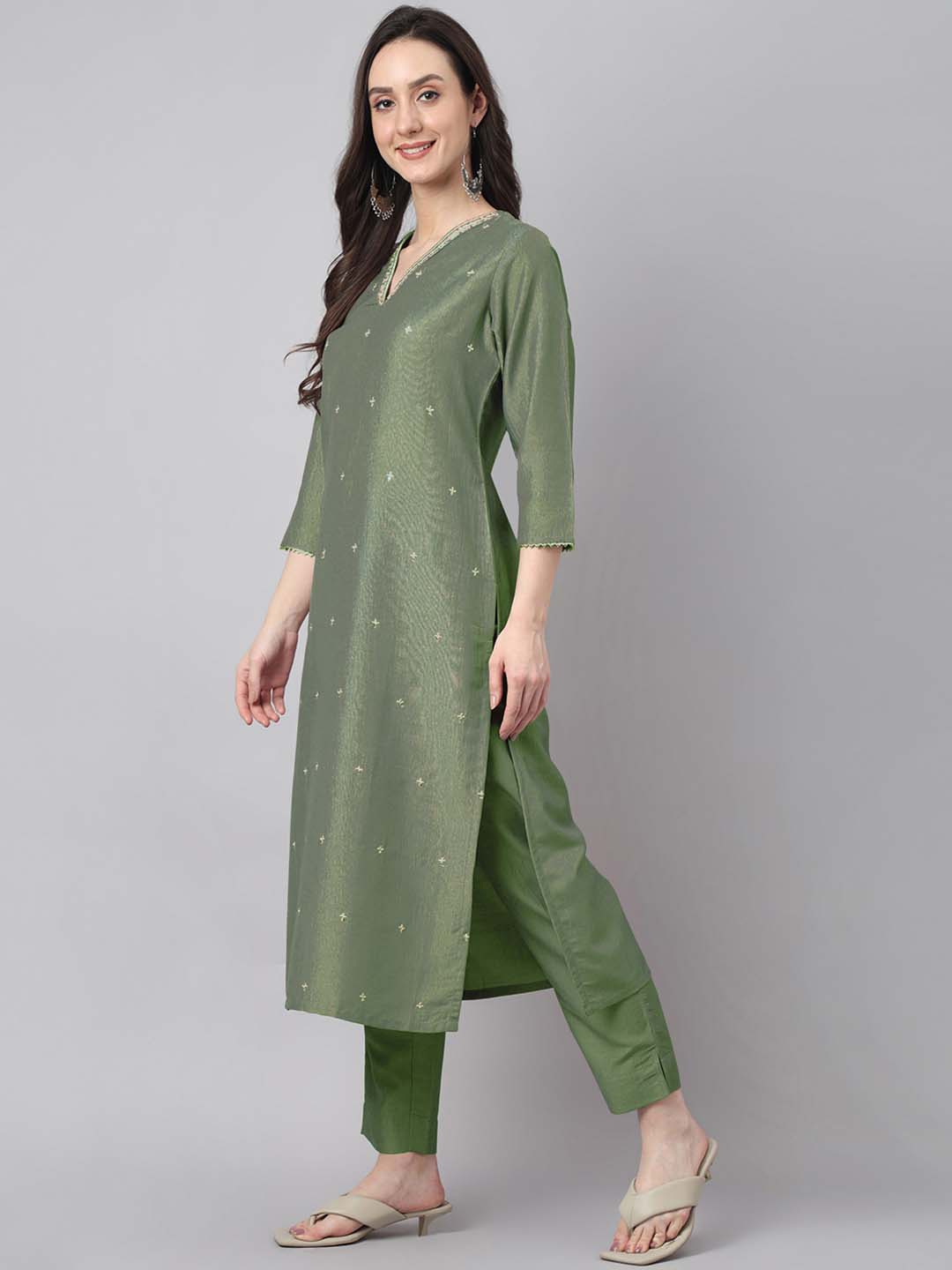 Janasya Regular Chinnon Green Ethnic Motifs V-Neck Kurta,Bottom & Dupatta 