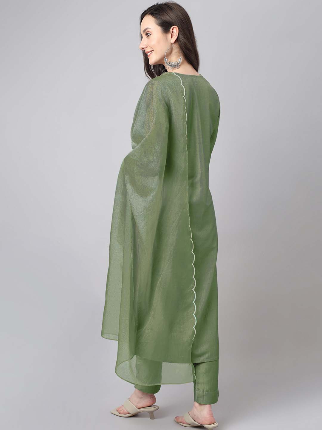 Janasya Regular Chinnon Green Ethnic Motifs V-Neck Kurta,Bottom & Dupatta 