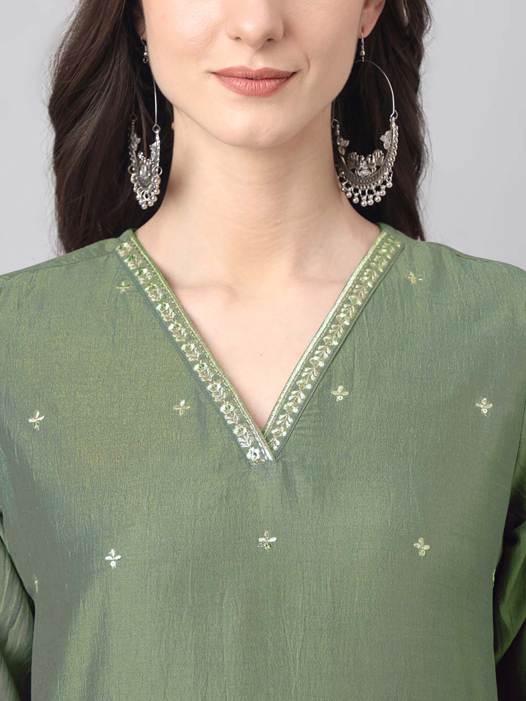 Janasya Regular Chinnon Green Ethnic Motifs V-Neck Kurta,Bottom & Dupatta 