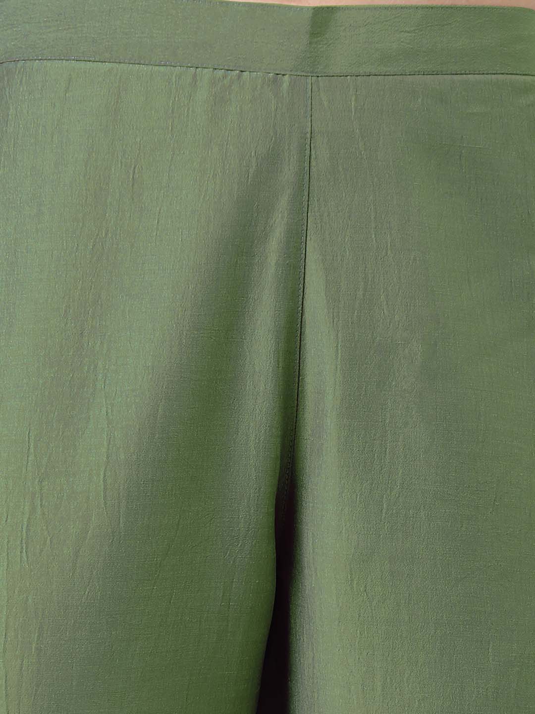 Janasya Regular Chinnon Green Ethnic Motifs V-Neck Kurta,Bottom & Dupatta 