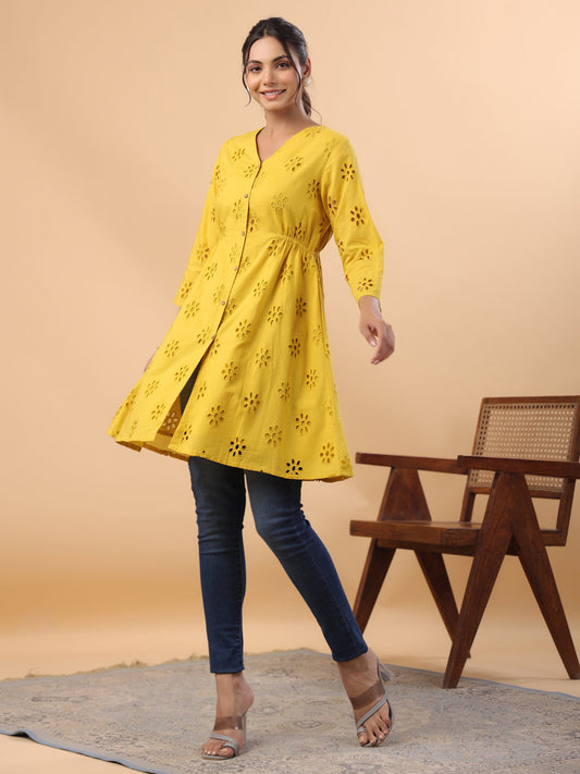 Janasya Mustard Cotton Schiffli A-Line Tunic 