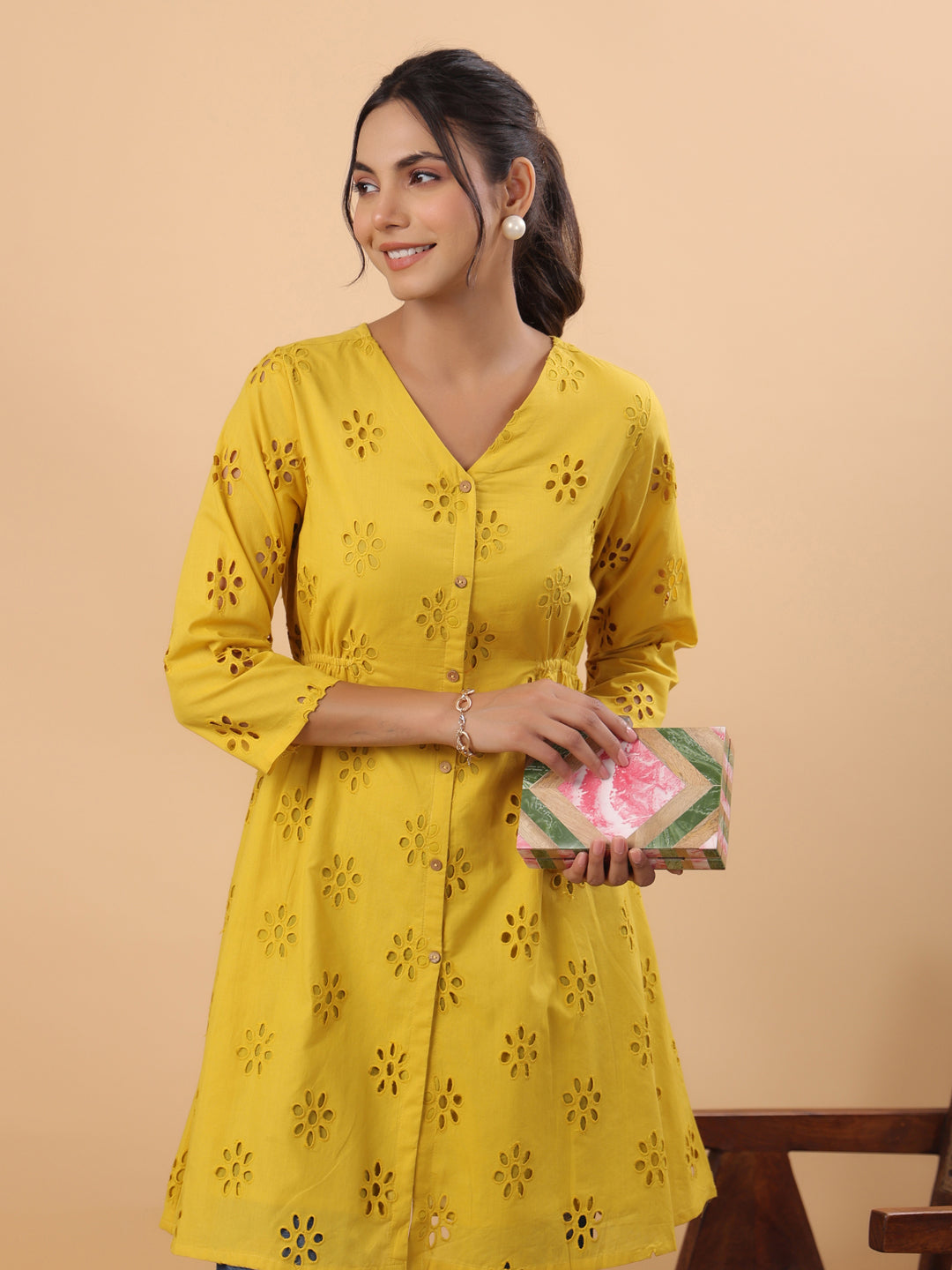 Janasya Mustard Cotton Schiffli A-Line Tunic 