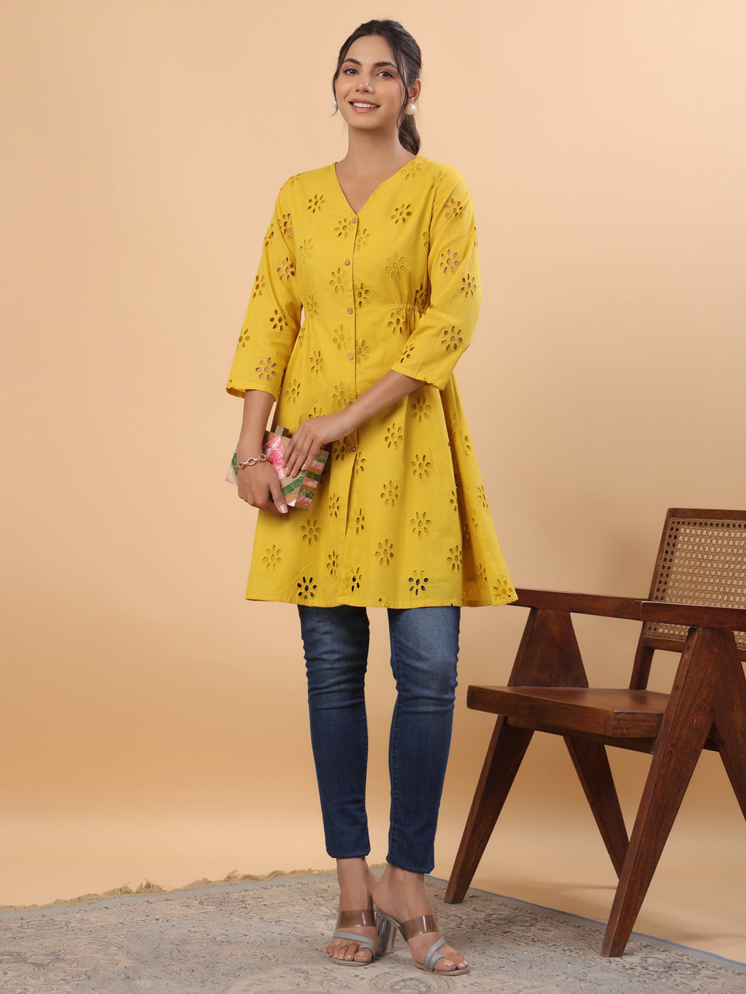 Janasya Mustard Cotton Schiffli A-Line Tunic 