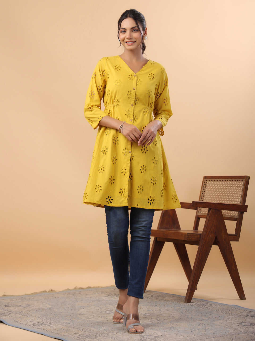 Janasya Mustard Cotton Schiffli A-Line Tunic 